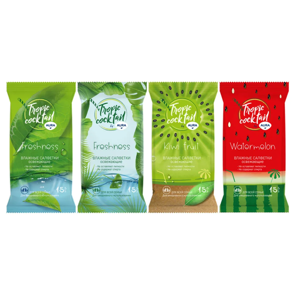 Салфетки влажные  AURA  освежающие Tropic Coctail 15 шт.