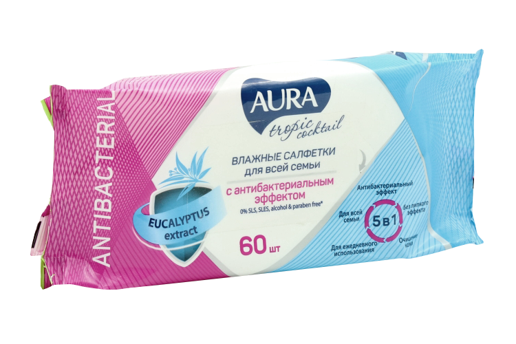 Салфетки влажные  AURA  с антибакт.эфф. Tropic Coctail 60 шт.